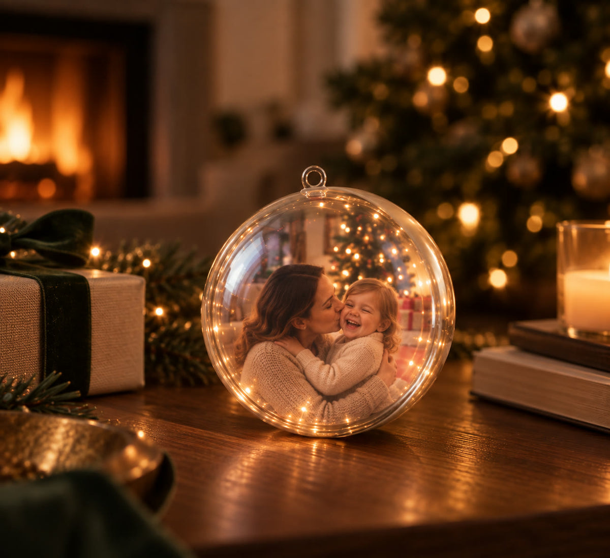 A MemoryOrb glowing on a wooden table beside a fireplace, a family photo lit up inside it