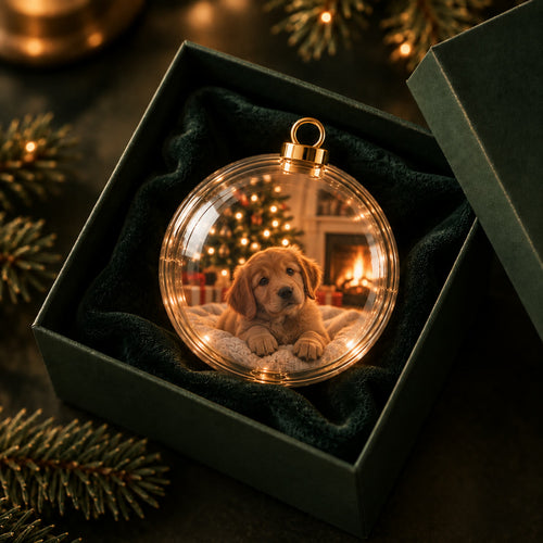 The orb resting in its dark green gift box, a puppy on the screen inside
