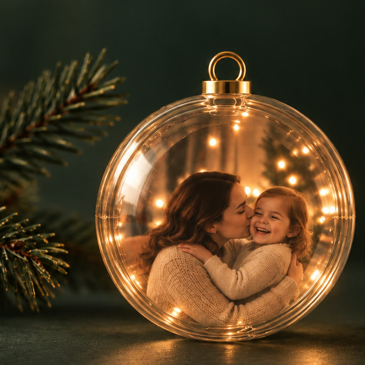 A MemoryOrb on a tree with a child's birthday video playing inside it