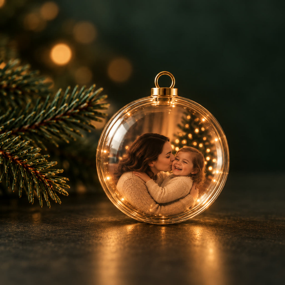 The orb glowing beside a sprig of pine, a mother kissing her child on the screen inside