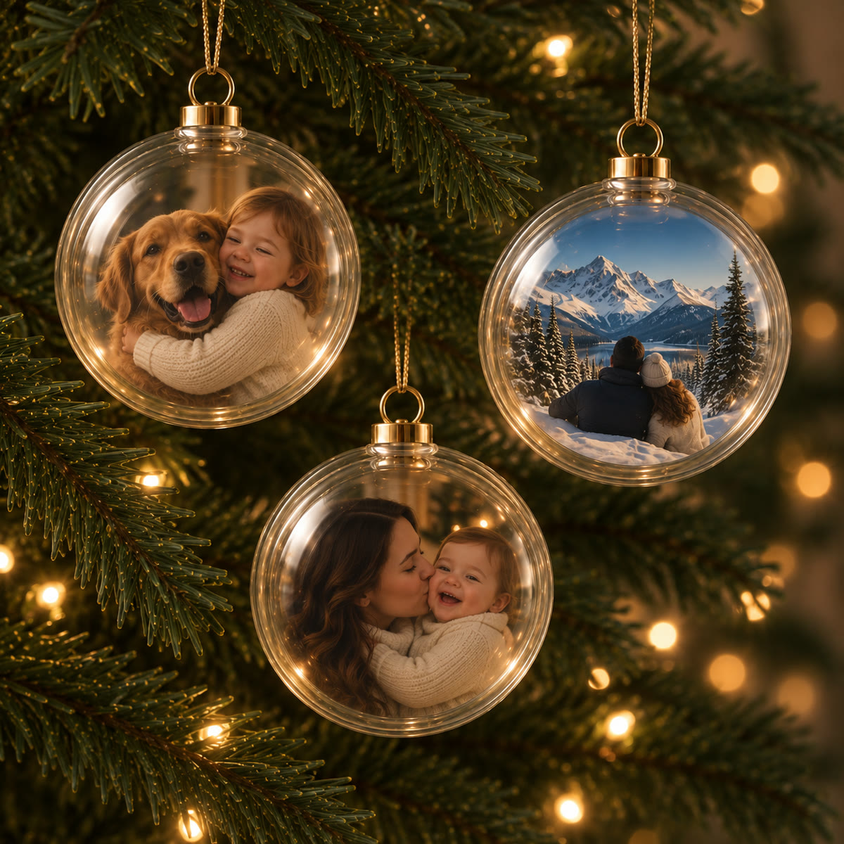 Three orbs hanging on a Christmas tree, each playing a different memory