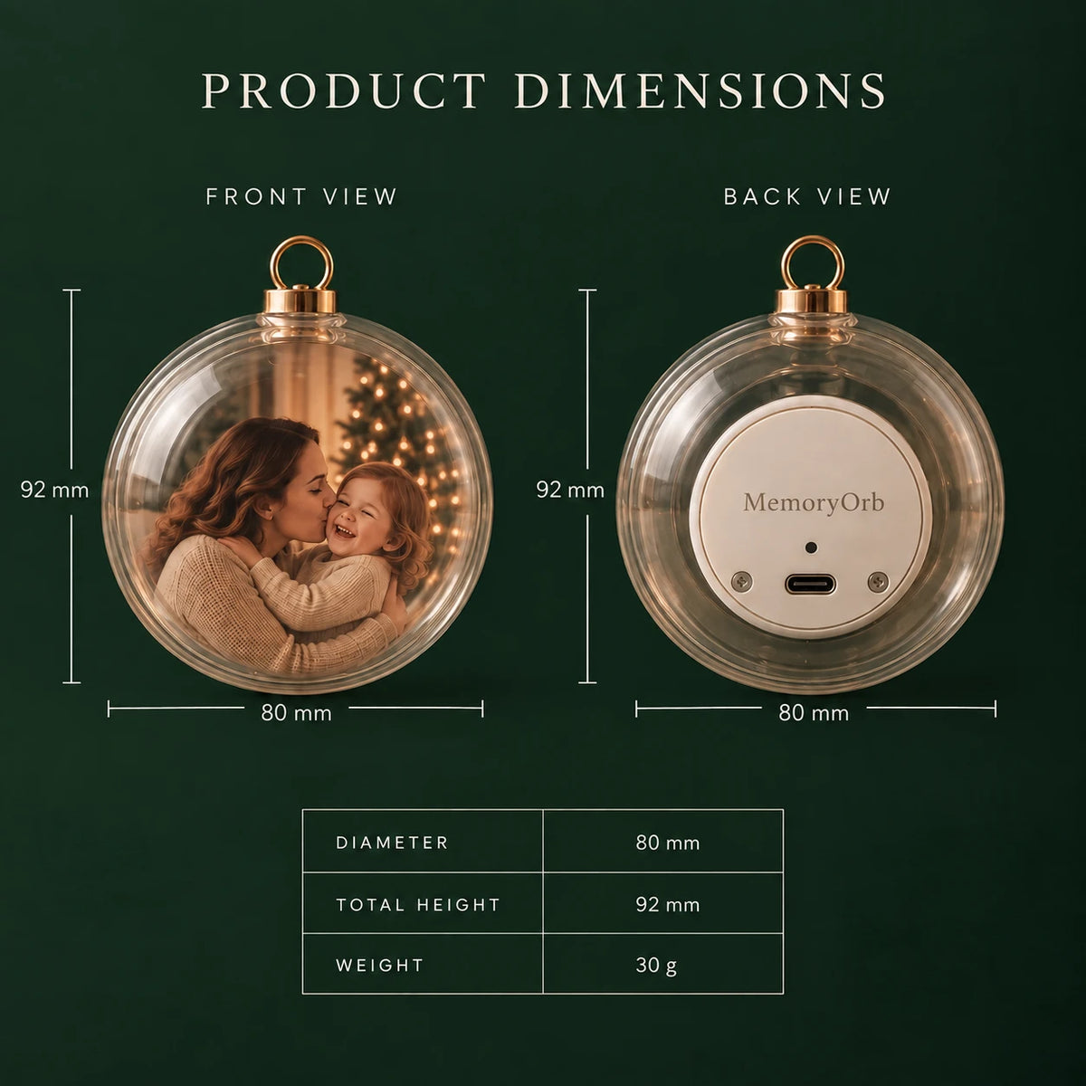 Dimensions: 80 mm across, 92 mm tall, 30 grams