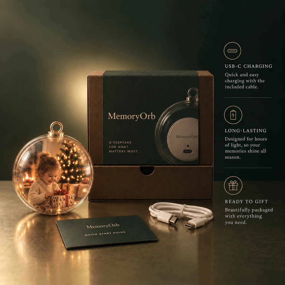 What arrives in the box: the orb, the MemoryOrb gift box, a quick start guide and a USB-C cable
