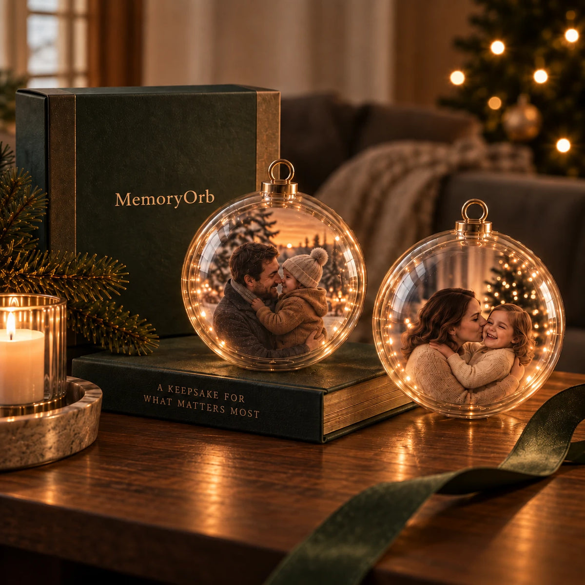Two orbs on a wooden table beside the MemoryOrb gift box, a candle and a ribbon